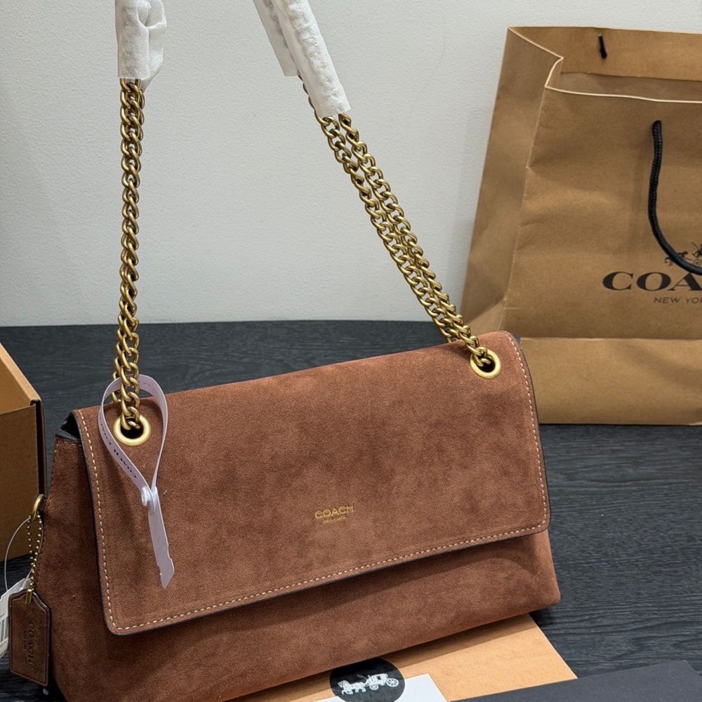Coach Brown Suede Shoulder Bag with Gold Chain